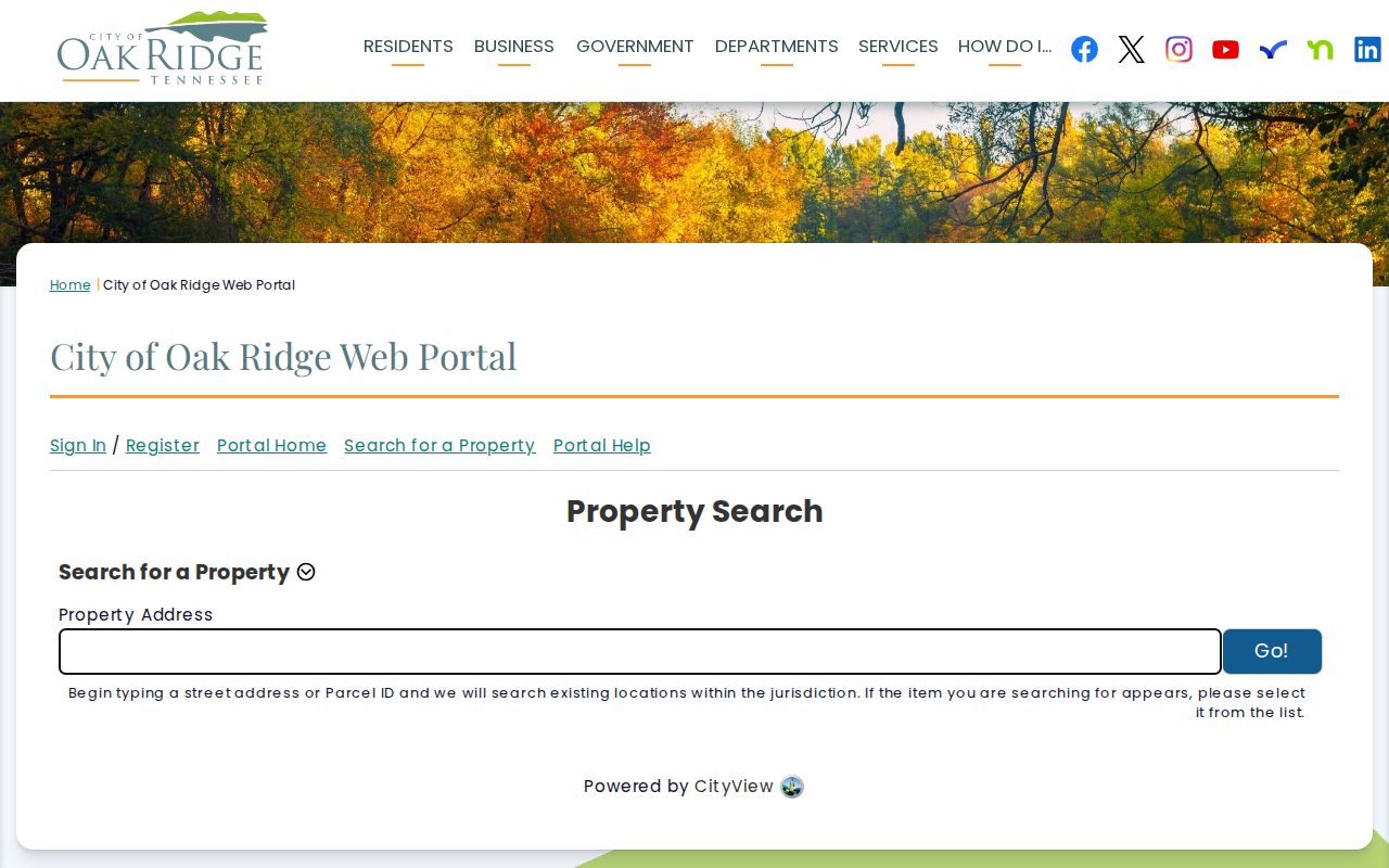 Oak Ridge street directory CityView Property Locator with an address or Parcel ID search prompt