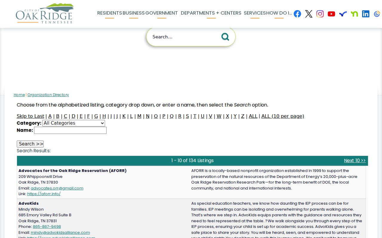 Oak Ridge neighbors resource, city organization directory with category, name, and alphabetical filters