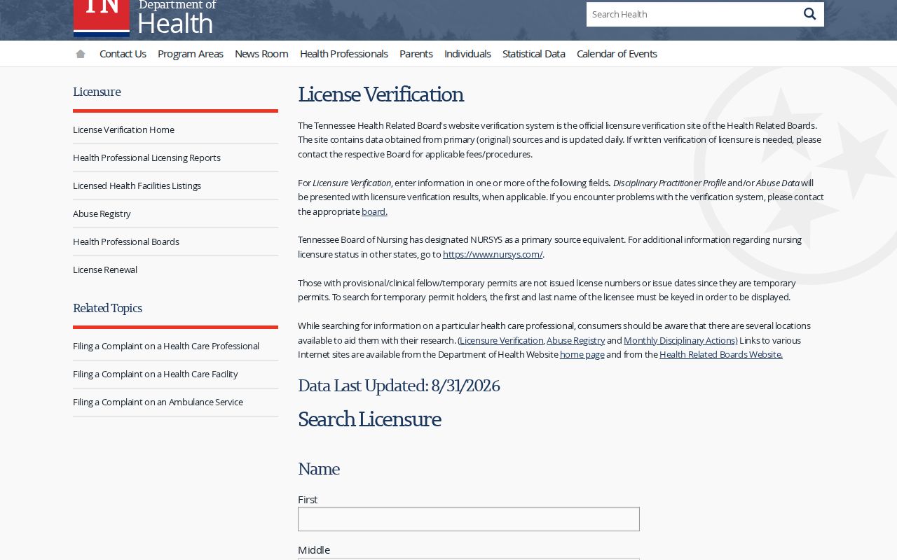 Oak Ridge ZIP code directory Tennessee Health license search fields